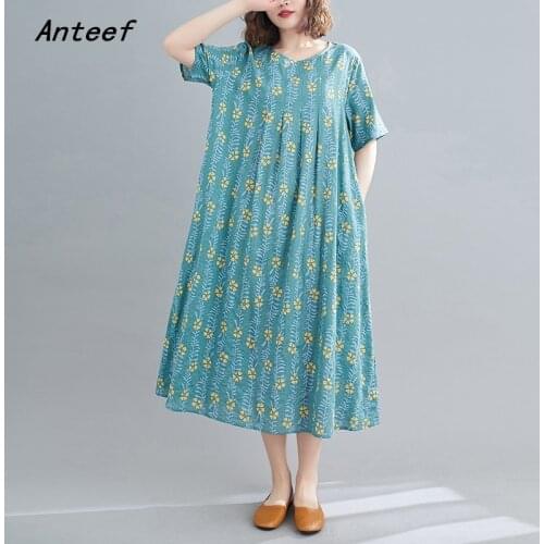Short sleeve cotton linen vintage floral dresses for women casual loose long woman summer dress elegant clothes 2021