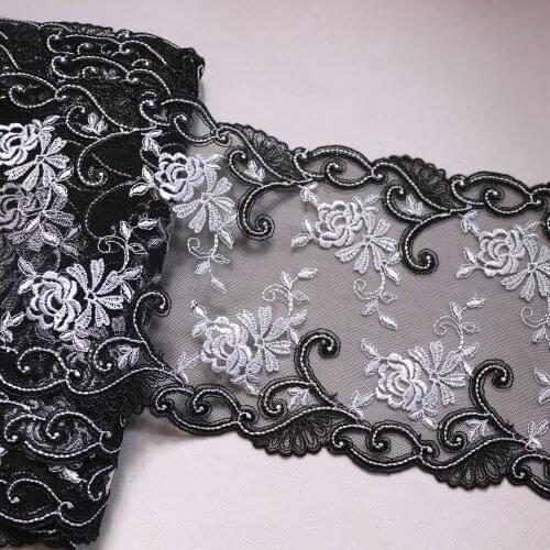 1Meter 14.5cm Wide Handmade White Floral Embroidered Lace Trim Black Tulle Lingerie Underwear Clothes Craft Bra Sewing Fabric