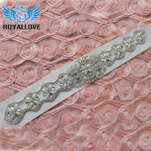 30pcs Handmade bridal sash beaded sewing silver crystal Pearl rhinestone applique iron on for wedding dresses belt DIY 13.0" L