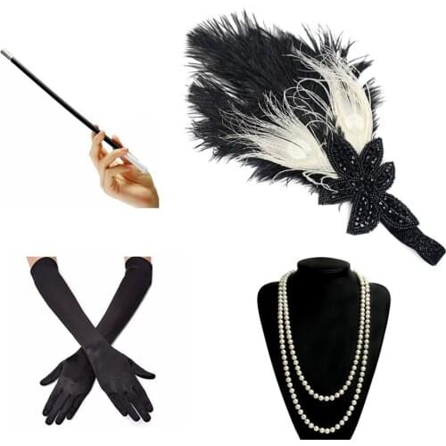 4 Pcs/Set 1920s Accessories Headband Necklace Gloves Cigarette Holder Flapper Costume Accessories Set for Women