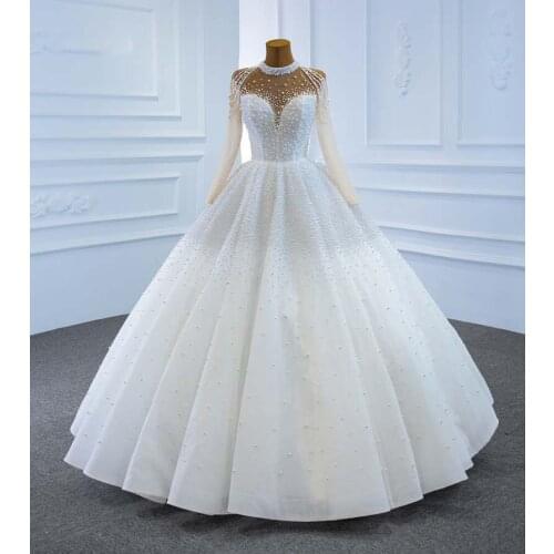 Elegant Simple White Bridal Wedding Dress 2021 Beaded Crystals Long Sleeve Banquet Event Long Sleeve Big Skirt Wedding Gown