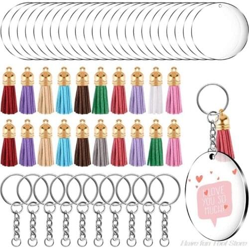 90Pcs Acrylic Clear Circle Discs Keychain Set Round Acrylic Keychain Blank Leather Tassel Pendant Jump Rings M02 21 Dropship
