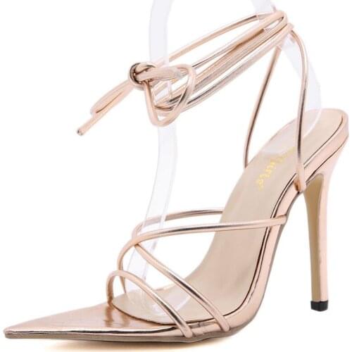 Plus Size Women Heels 35-42 Sexy Pointed Toe Women High Heels Fashion PU Leather Ankle Cross Lace-Up Sandals Summer Shoes Ladies