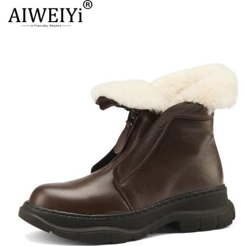 AIWEIYi Woman Ankle Boots Black White Genuine Leather Shoes Wool Fur Keep Warm Martin Boots