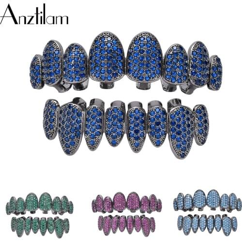 Bling Color Copper Teeth Grillzs AAA+ Cubic Zirconia Month Tooth Grills for Men Women Hip Hop Jewelry Gifts