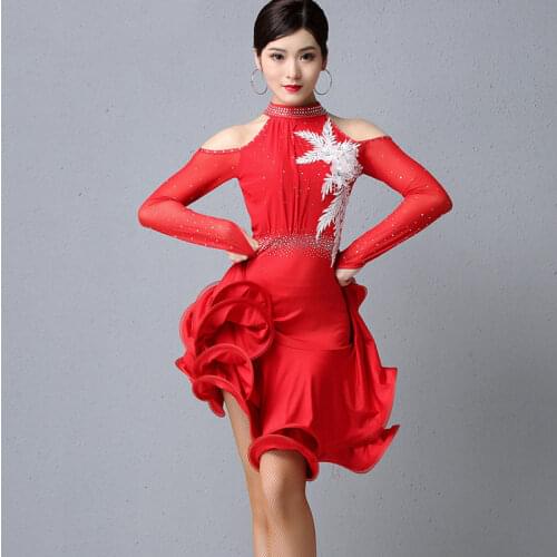 Latin Dress Women Sexy Long Sleeve Shiny Diamond Rumba Dance Costumes Red/Blue Elegant Tango Performance Stage Clothes DQL2770