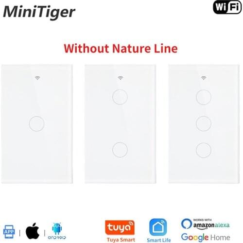 Minitiger US Standard 1/2/3 Gang Tuya APP Wifi Smart Wall Touch Light Switch Crystal Glass Single Fire Line Touch Switch
