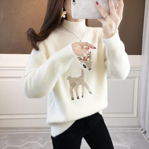 New Winter Knit Sweater Pullover Women Fashion Imitation Mink Velvet White Cashmere Print Loose Clothes Korean Female Tops
