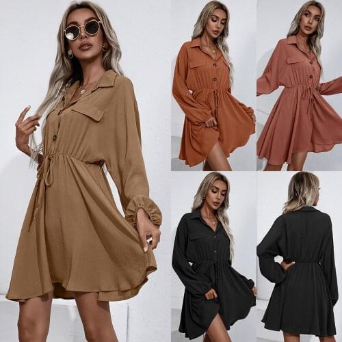 Autumn New Lace-Up Waist Slimming Long-Sleeved Shirt Dress Female Casual Pure Color Pullover A-Line Dresses For Women 2021 Robe