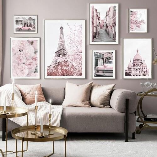 Paris Tower Car Cherry Blossoms Bridge Wall Art Canvas Painting Nordic Posters And Prints Wall Pictures For Living Room Decor