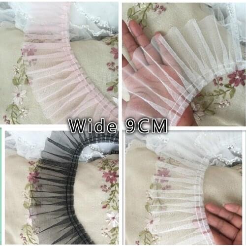9CM Wide Pleated Chiffon Lace 3D Flowers Embroidered Ribbon Ruffle Trim Luxury Lace Fabric For DIY Sewing Garment Dress Decor