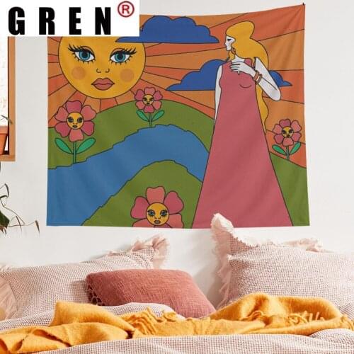 GREN Sun Flowers Girl Hippie Tapestry Wall Hanging Covering Rugs Background Cloth Beach Mat Blanket Art Bedroom Dorm Home Decor