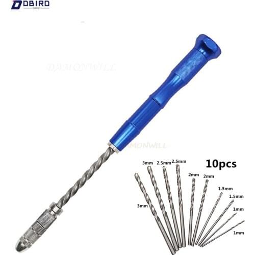 0.3-3.2mm Blue Mini Professional Manual Spiral Hand Drill Woodworking Spiral Hand Push Drill With 10pcs Twist Drills Hand Tools