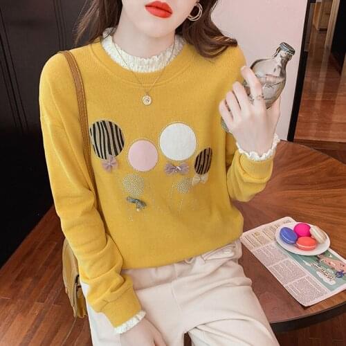 Chikichi Fake Two-piece Lace Ladies T-shirt Female Autumn 2021 New Spring and Autumn Net Red Thin Loose Long-sleeved Top
