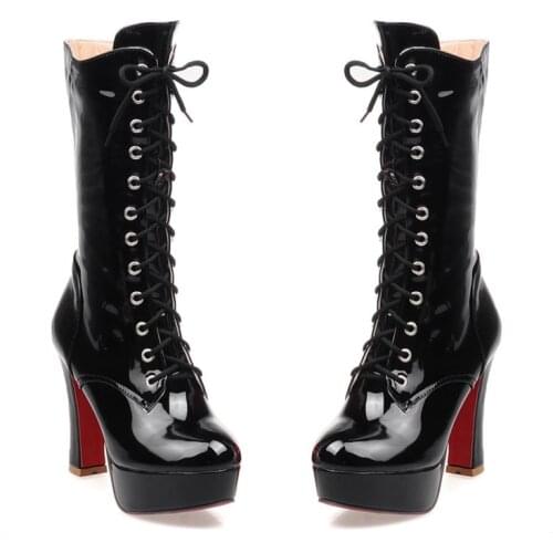 New Women Mid Calf Boots Platform Chunky High Heels Round Toe Patent Leather Plush Front Lace Zipper Martin Ladies Half Boots