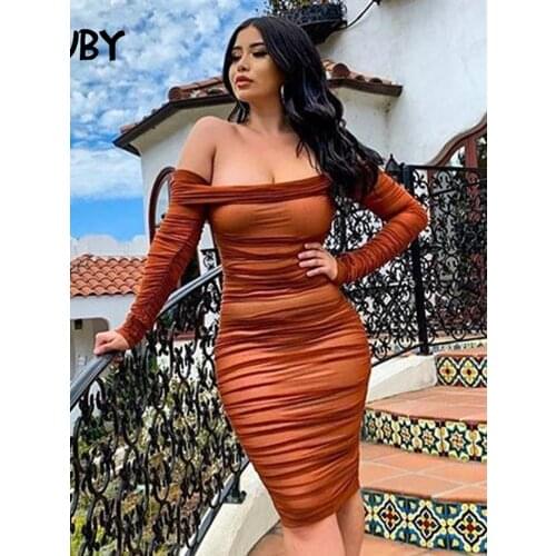 SRUBY Double-layer Sexy Mesh Dress Party Off The Shoulder Stylish Dress Girly Ruched 2020 Spring Summer Bodycon Dresses INS