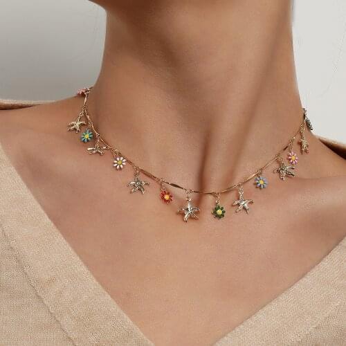 New Korea Lovely Starfish Daisy Flowers Pendant Short Choker Necklace for Women Colorful Mini Eye Moon Clavicle Necklace Jewelry