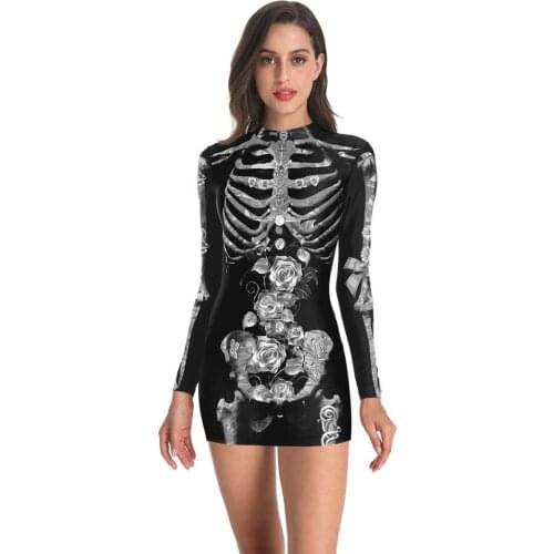 3D Scary Floral Bone Costume Halloween Women Skeleton Skull Dress Party Tight Bodysuit Short Sleeve Outfit Women