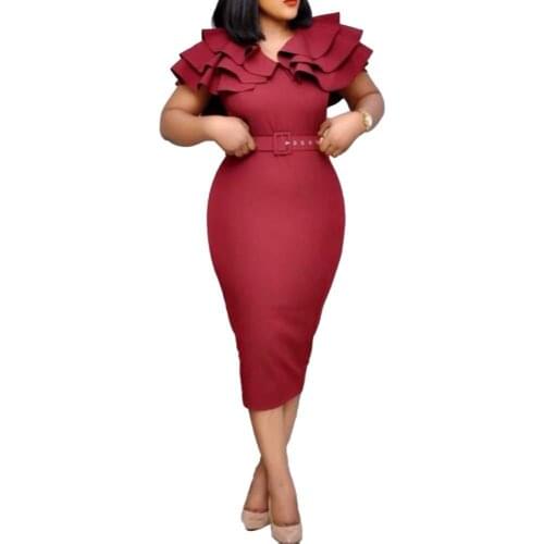 Office Lady Solid Color V Neck Short Ruffled Sleeve Belt Elegant Bodycon Midi Dress 2021 Summer Fashion Lady Party Dress Vestido