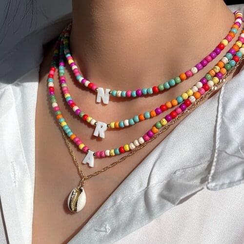 Fashion Name Initial Shell Letter Beaded Necklace For Women Candy Turquoise Bead Choker Pendant Layered Necklaces Summer Jewelry