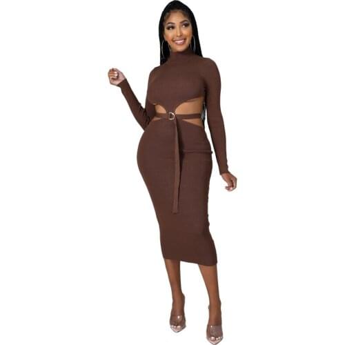 2021 Autumn Sexy Hollow Out Sexy Elegant Dress Women Turtleneck Long Sleeve Neon Green Dress Wrap Bodycon Midi Dress Vestidos