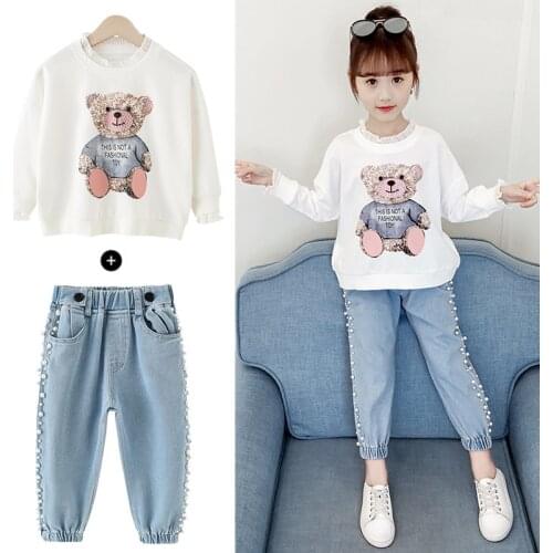 2021 New Fashion Korean Girls Clothing Sets Spring Autumn Long Sleeve White Top + Casual Jeans 2Pcs Teens Children Outfits 4-12Y