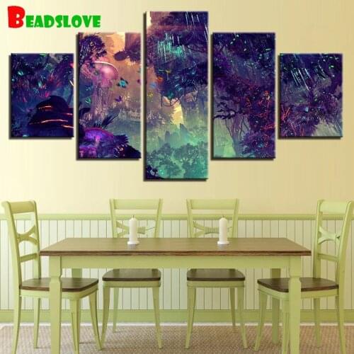Diamond Painting Full 5 Pieces Colorful Glowing Forest Fantasy Art Home Decor Multi-Picture Diamond Embroidery Mushroom Tree
