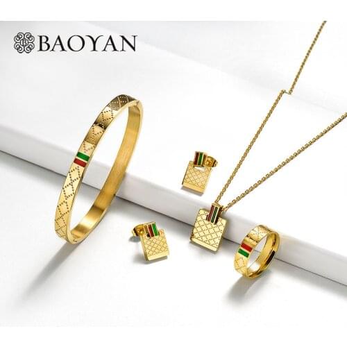 BAOYAN luxury brand designer gold imitation womens 316L stainless steel jewelry set for women woman men ring earrings necklace