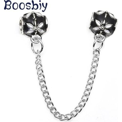 Boosbiy Original Silver Plated Cute Little Flower Charm Safety Chain Beads Fits Brand Bracelet DIY jewelry Gift Making