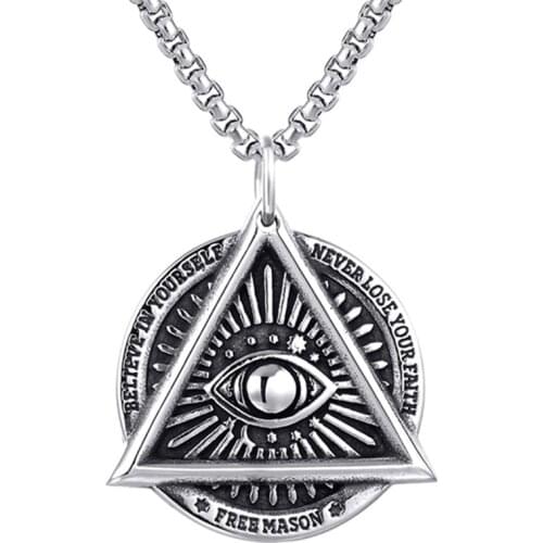 Mens Stainless Steel Pendant Necklace Illuminati The All seeing eye Eye of Providence Eye of God illunati Chain Length 45-75cm