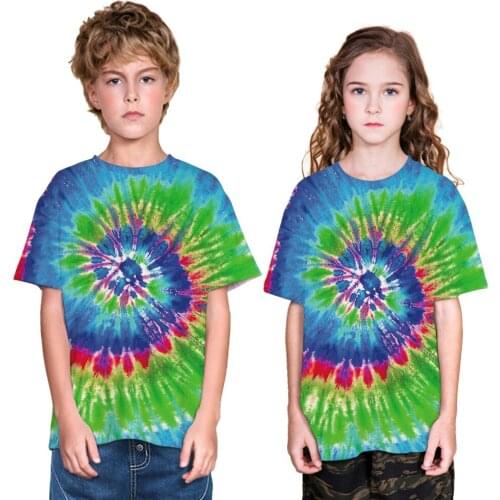 Boys and Girls O-neck Short Sleeve 3D Digital Print Colorful Dyeing Circles Summer T-shirts Casual Big Boys Summer T-shirts