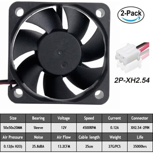 Gdstime New 2Pcs/lot DC 12V 50x50x20mm 5020 Brushless Cooling Fan 50mm x 20mm for Computer Case CPU Cooler