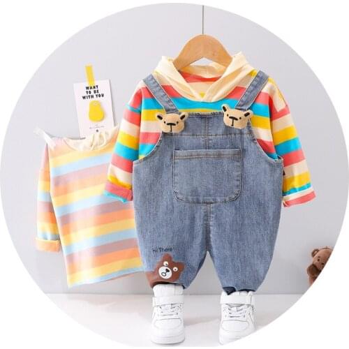 2021 Girls Set Baby Clothes Cartoon Long Sleeve Hooded Striped Tops Sweatshirt+denim Overall 2pcs Pants Boys Outfit Costume Suit