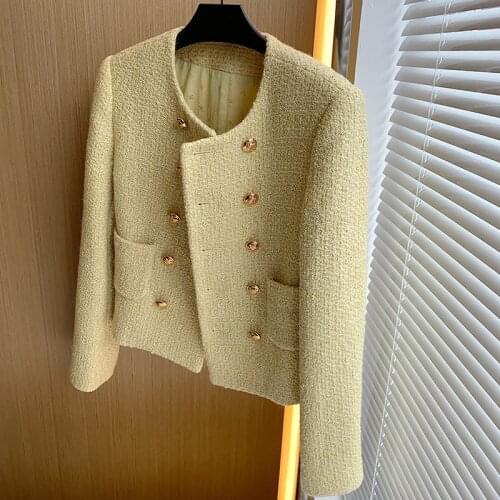 Korean Fashion Yellow Jaqueta Feminina 2021 Autumn Winter Elegant Double-breasted O-neck Short Wool Jackets and Coats Women