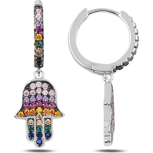 KUTAYDAN Zircon Cubic Zirconia Dangle Fatma Master Hand Ring Earrings 925 Sterling Silver