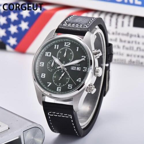 CORGEUT Fashion Mens Quartz Watch Black Stainless Steel Case Multifunction Calendar Date Luminous Hands Watch Mens New Herrenuhr
