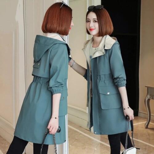 2020 New Fashion Womens Spring Jacket Female Tops Korean Style Waist Mid-Long Womens Windbreaker Coat Hooded Overcoat Blue Y11