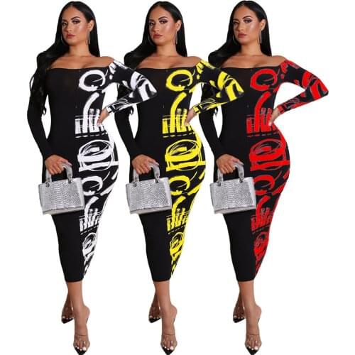 Letter Print Maxi Women Long Dress Sexy Off Shoudler Party Club Outfits Slash Neck Skinny Bodycon Plus Size Long Sleeve Dress
