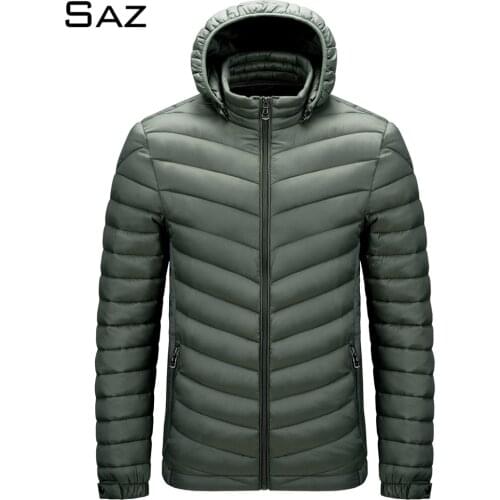 Saz New Fashion Warm Fashion for Men Feather Hooded Down Jacket Pure Color Mens Hooded Down Coat Thin Light Jackets