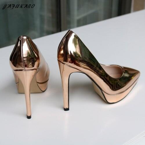 Elegant Office Lady Platform Pumps 12cm Super High Heels White Champagne Patent Leather Thin Heels Wedding Party Shoe Size 35-46