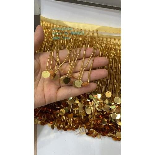 Stock 10yard/bag 10cm Gold beaded round sequined pendant tassel ribbon used for fashion dress stage decoration ym210