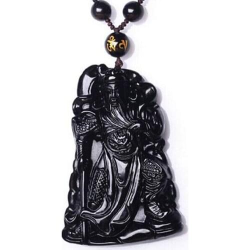 High Quality Natural Obsidian Carved Guan Gong Pendants&Necklace with Free Amulet Brave for Women and Men Gift
