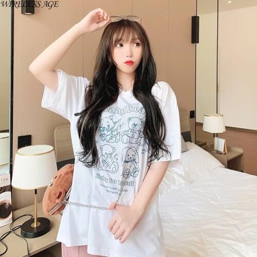 WIRELESS AGE T Shirt Womens Round Neck Short Sleeve Bear Rabbit Lady Loose Korean Style Drop Shoulder Casual Tops Fashion Wild