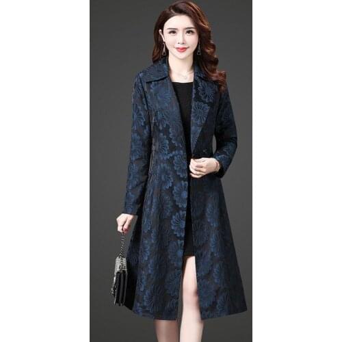 2021 New Autumn Womens Windbreakers Fashion Oversize Blue Floral Embroidery Lapel Trench Coat Female Slim Trench Outwear