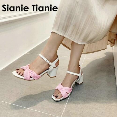 Sianie Tianie summer fashion chunky high heeled woman shoes pink grey bowtie open toe colorblock women sandals big size 33 45 46