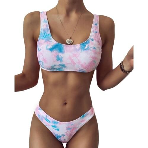 AA Women Bikini Sets Sexy Swimwear Womens Tie-Dye Print U-Neck Two-Piece Swimwear Bikini Set Swimming Costume Beach Wear