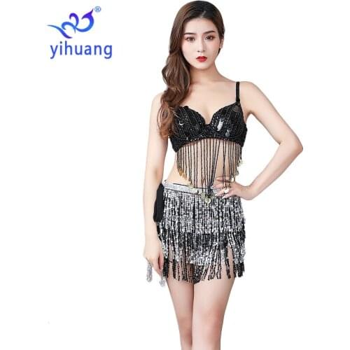High Quality Women Festival Costumes Halloween Clothing Belly Dance Suit 2pcs Bra & Hip Scarf Sequin Tassel Performance Wear