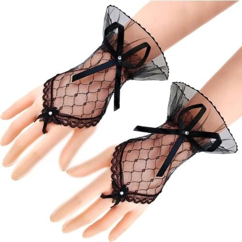 Women Sexy Lace Short Hollow Transparent Lattice Bow Mesh Half Full Finger Mittens Gloves Halloween Lolita Cosplay Etiquette