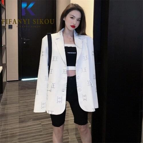 White Blazer Jacket Women Streetwear Single Breasted Fashion Reflective Print Suit Jacket Female Autumn Loose Chic Blazers Coat