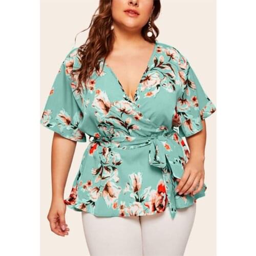 Womens 2021 Plus Size V-Neck Short-Sleeved Printing Waist Tie-Band Loose Chiffon Top Pullover Elegant Dating Street Shooting
